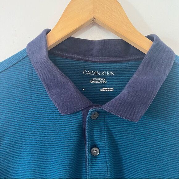 Calvin Klein Teal Navy Thin Stripes Liquid Touch Cotton Polo Shirt - Picture 6 of 10